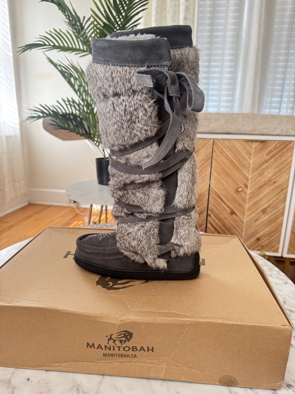 Manitobah Women's Tall Fur Moccasin Boot - Grey